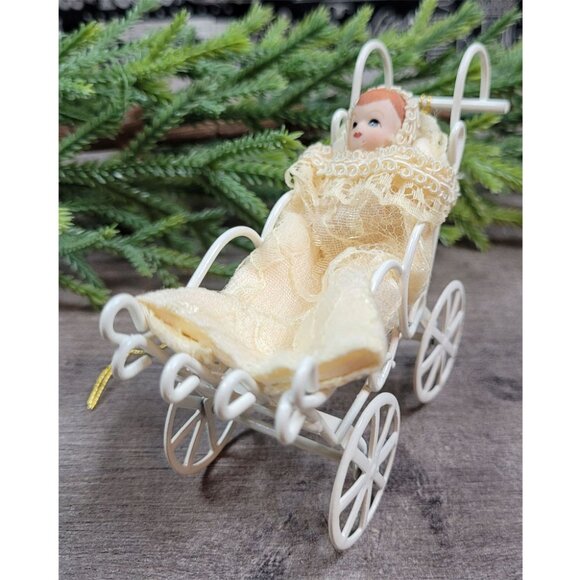 Vintage Dollhouse Bisque Head Baby In Victorian Stroller Christmas Ornament - Picture 1 of 12